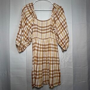 Billabong Mini Dress Medium Tan Gingham Smocked Puff Sleeve